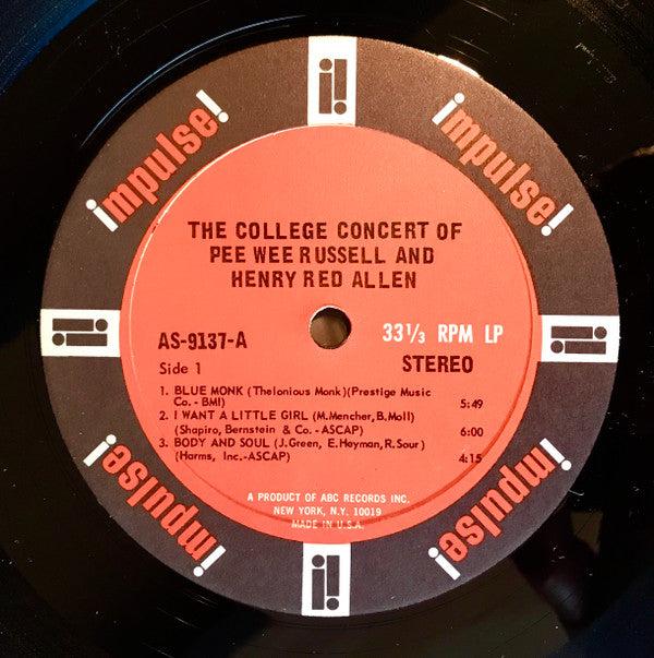 Pee Wee Russell - The College Concert Of Pee Wee Russell And Henry Red Allen (Vinyl, LP, Album, Stereo) Very Good Plus (VG+) / Very Good (VG)