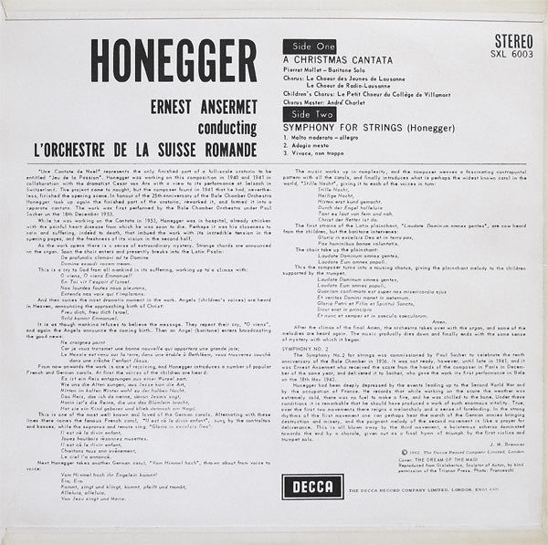 Arthur Honegger - Christmas Cantata / Symphony For Strings (Vinyl, LP, Stereo) Very Good Plus (VG+) / Very Good (VG)