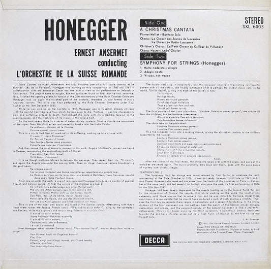 Arthur Honegger - Christmas Cantata / Symphony For Strings (Vinyl, LP, Stereo) Very Good Plus (VG+) / Very Good (VG)