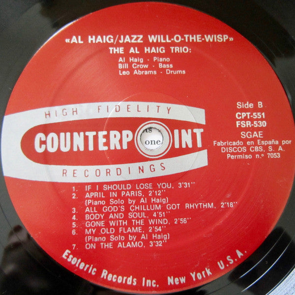 Al Haig - Jazz Will-O-The-Wisp (Vinyl, LP, Album, Reissue) Very Good Plus (VG+) / Very Good Plus (VG+)