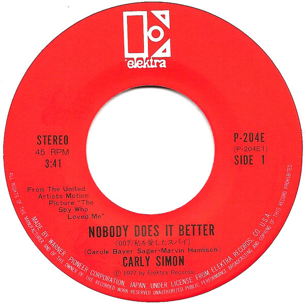 Carly Simon - Nobody Does It Better / After The Storm (Vinyl, 7", 45 RPM) Near Mint (NM or M-) / Very Good Plus (VG+)