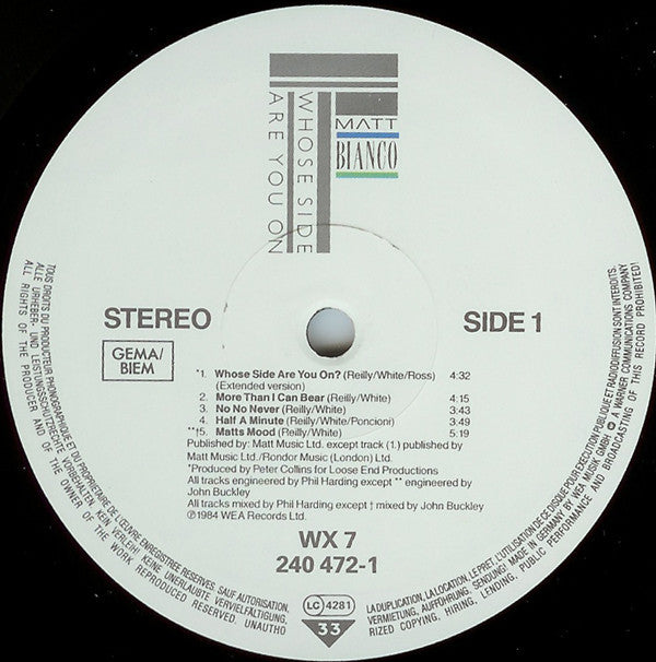 Matt Bianco - Whose Side Are You On (Vinyl, LP, Album) Very Good Plus (VG+) / Very Good Plus (VG+)