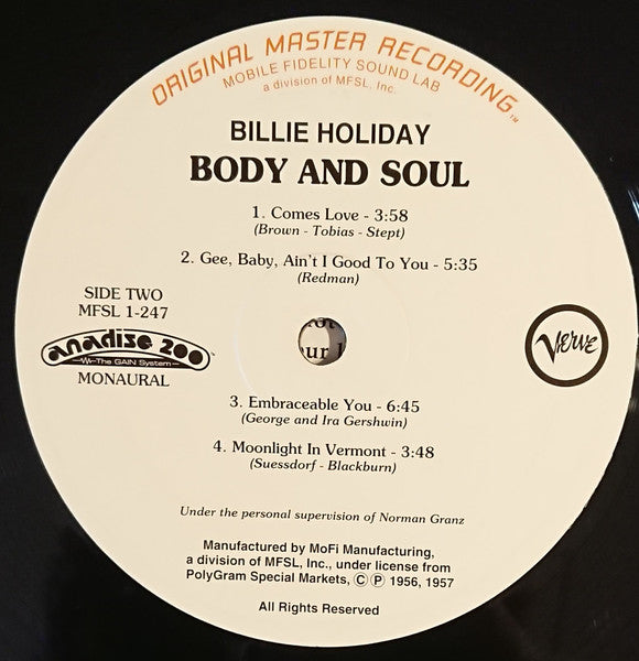 Billie Holiday - Body And Soul (Vinyl, LP, Limited Edition, Numbered, Reissue, Remastered, Mono) Mint (M) / Mint (M)