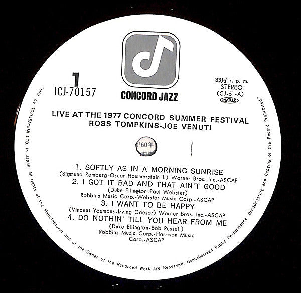 Ross Tompkins - Live At Concord '77 (Vinyl, LP, Album) Very Good Plus (VG+) / Very Good Plus (VG+)