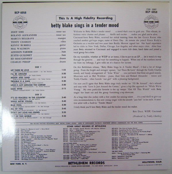 Betty Blake - Sings In A Tender Mood (Vinyl, LP, Album, Reissue, Mono) Near Mint (NM or M-) / Very Good Plus (VG+)