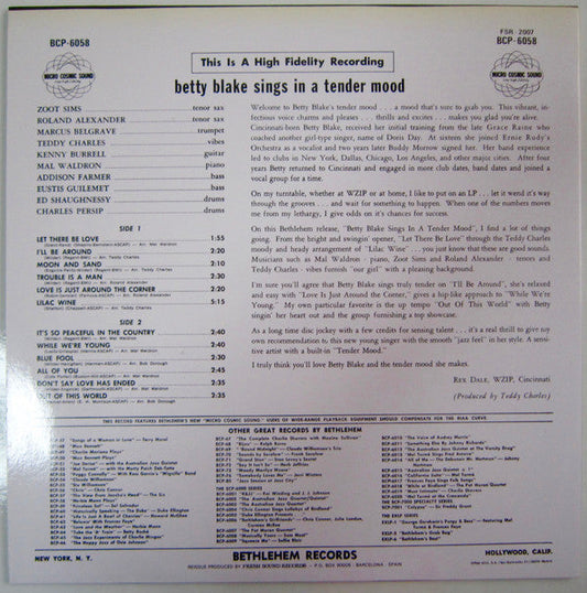 Betty Blake - Sings In A Tender Mood (Vinyl, LP, Album, Reissue, Mono) Near Mint (NM or M-) / Very Good Plus (VG+)