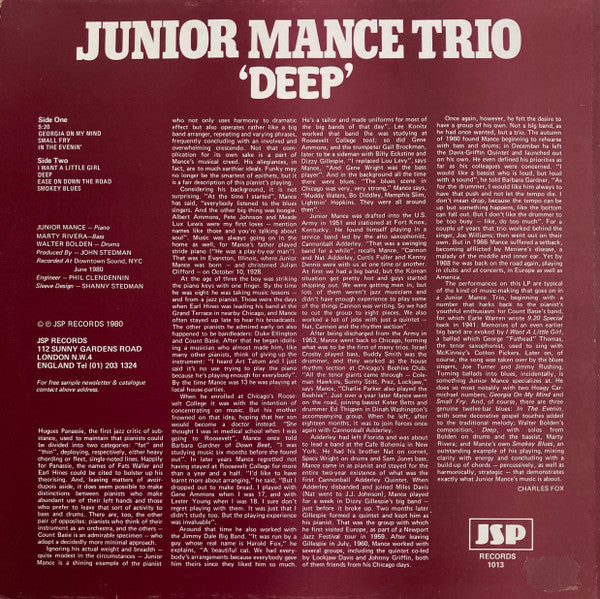 Junior Mance Trio - Deep (Vinyl, LP, Album) Very Good Plus (VG+) / Very Good Plus (VG+)