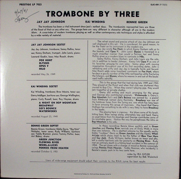 J.J. Johnson - Trombone By Three (Vinyl, LP, Compilation, Reissue) Very Good (VG) / Very Good (VG)