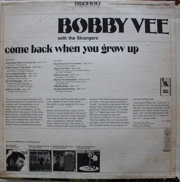 Bobby Vee - Come Back When You Grow Up (Vinyl, LP, Album, Stereo) Very Good (VG) / Very Good (VG)