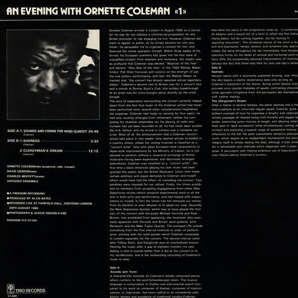 Ornette Coleman - An Evening With Ornette Coleman «1» (Vinyl, LP, Album, Reissue) Very Good Plus (VG+) / Very Good Plus (VG+)