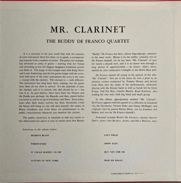 Buddy DeFranco Quartet - Mr. Clarinet (Vinyl, LP, Album, Reissue, Mono) Very Good Plus (VG+) / Good (G)