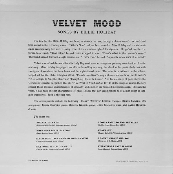 Billie Holiday - Velvet Mood (Vinyl, LP, Album, Reissue, Mono) Near Mint (NM or M-) / Very Good Plus (VG+)
