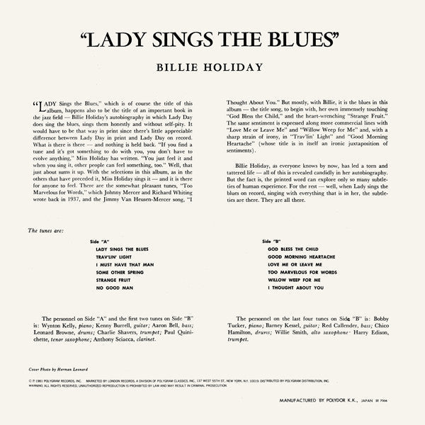 Billie Holiday - Lady Sings The Blues (Vinyl, LP, Album, Reissue, Mono) Very Good Plus (VG+) / Very Good (VG)