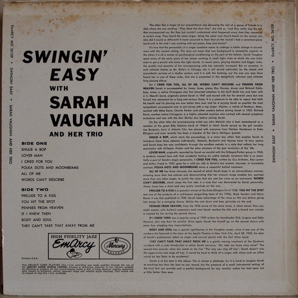 Sarah Vaughan And Her Trio - Swingin' Easy (Vinyl, LP, Album, Reiss...