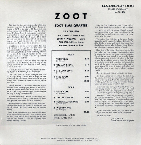 Zoot Sims Quartet - Zoot (Vinyl, LP, Album, Reissue, Stereo) Very Good Plus (VG+) / Very Good (VG)