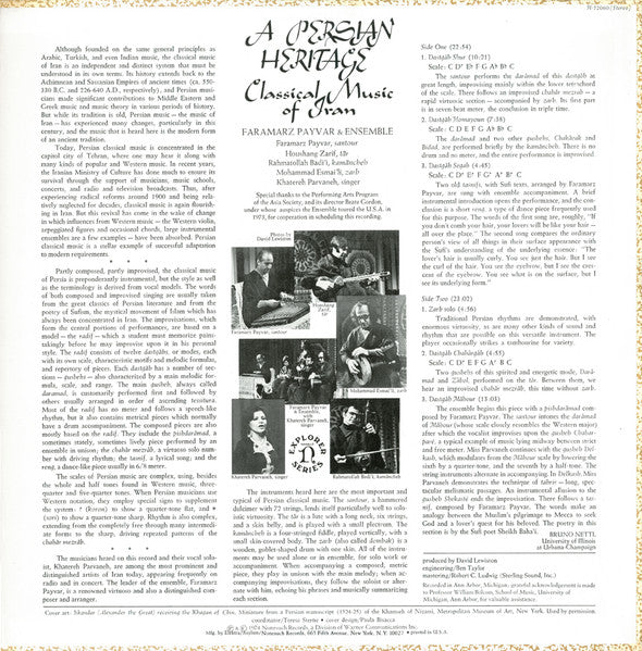 Faramarz Payvar & Ensemble - A Persian Heritage (Classical Music Of Iran) (Vinyl, LP) Very Good (VG) / Good Plus (G+)