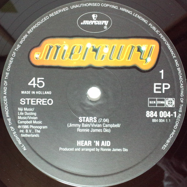 Hear'n Aid - Stars (Vinyl, 12", 45 RPM, Single) Good Plus (G+) / Very Good (VG)