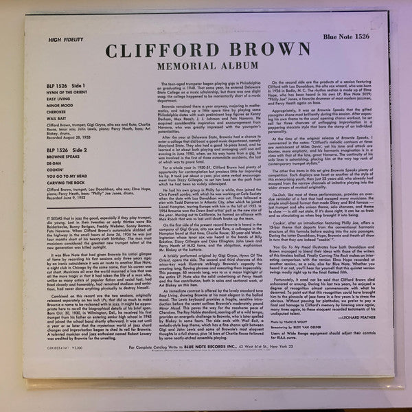 Clifford Brown - Memorial Album (Vinyl, LP, Album, Compilation, Reissue, Remastered, Mono) Very Good Plus (VG+) / Very Good Plus (VG+)
