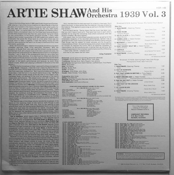 Artie Shaw And His Orchestra - The Uncollected Artie Shaw, Vol. 3, 1939 (Vinyl, LP, Album, Mono) Very Good Plus (VG+) / Very Good Plus (VG+)