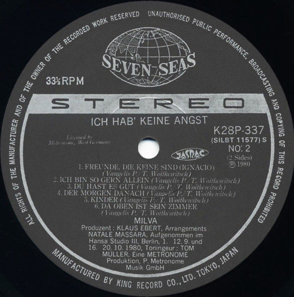 Milva - Ich Hab' Keine Angst" (To The Unknown Man) (Vinyl, LP, Album, Stereo) Very Good Plus (VG+) / Very Good (VG)