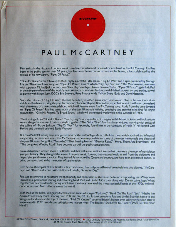 Paul McCartney - Pipes Of Peace (Vinyl, LP, Album, Stereo)
