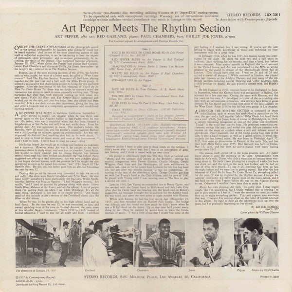 Art Pepper - Art Pepper Meets The Rhythm Section (Vinyl, LP, Album, Limited Edition, Reissue, Stereo) Very Good Plus (VG+) / Very Good (VG)