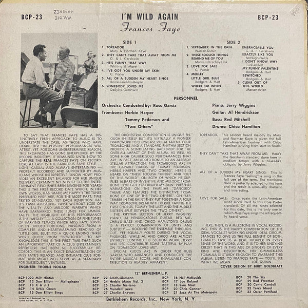 Frances Faye - I'm Wild Again (Vinyl, LP, Album, Mono) Very Good (VG) / Good Plus (G+)