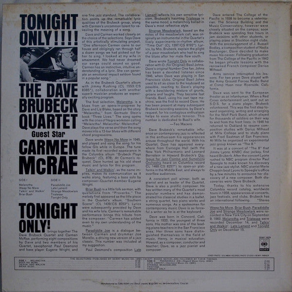 The Dave Brubeck Quartet - Tonight Only! (Vinyl, LP, Album) Mint (M) / Mint (M)