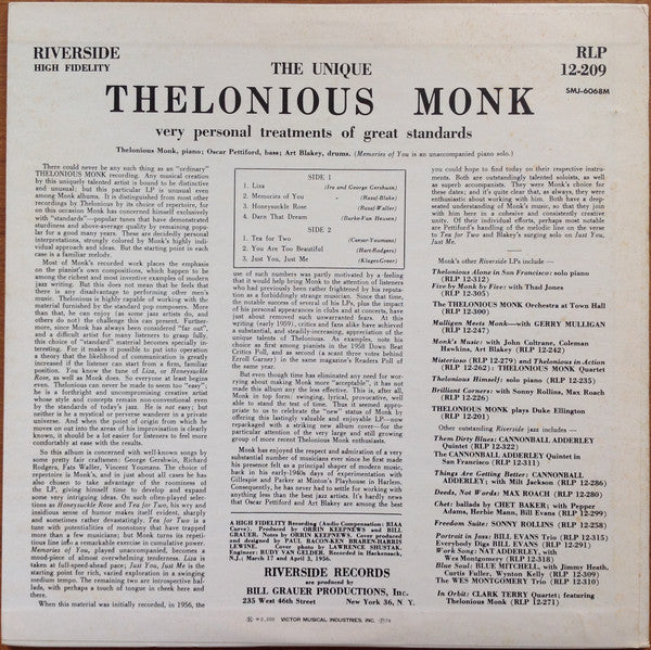 Thelonious Monk - The Unique Thelonious Monk (Vinyl, LP, Album, Reissue, Mono) Very Good Plus (VG+) / Very Good (VG)
