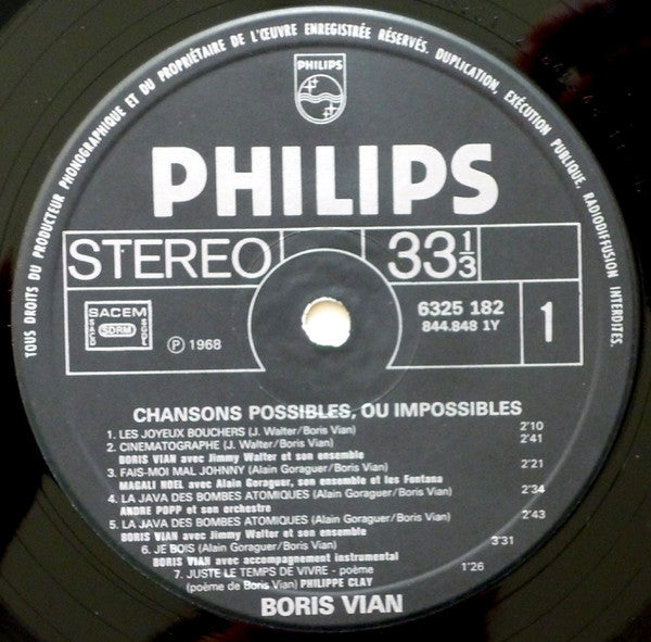 Boris Vian - Chansons Possibles, Ou Impossibles (Vinyl, LP, Album, Reissue) Very Good Plus (VG+) / Very Good (VG)