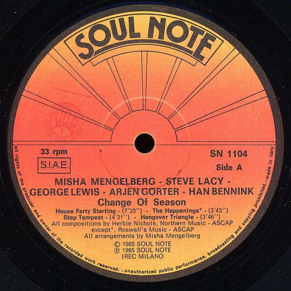 Misha Mengelberg - Change Of Season (Music Of Herbie Nichols) (Vinyl, LP, Album) Very Good (VG) / Very Good (VG)