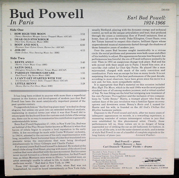 Bud Powell - Bud Powell In Paris (Vinyl, LP, Album, Reissue)