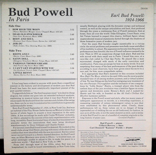 Bud Powell - Bud Powell In Paris (Vinyl, LP, Album, Reissue) Very Good Plus (VG+) / Very Good Plus (VG+)
