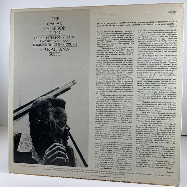 The Oscar Peterson Trio - Canadiana Suite (Vinyl, LP, Album, Reissue, Stereo) Very Good Plus (VG+) / Very Good (VG)
