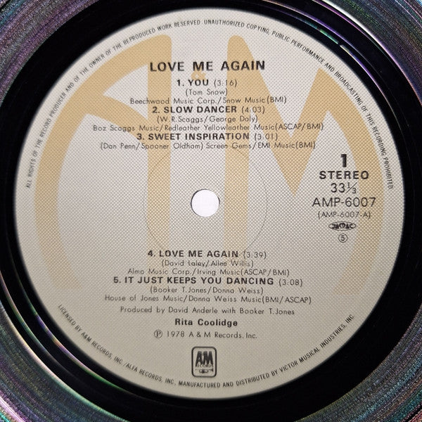 Rita Coolidge - Love Me Again (Vinyl, LP, Album) Very Good Plus (VG+) / Very Good (VG)