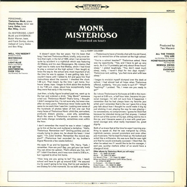 Thelonious Monk - Misterioso (Recorded On Tour) (Vinyl, LP, Album, Reissue) Very Good (VG) / Very Good (VG)