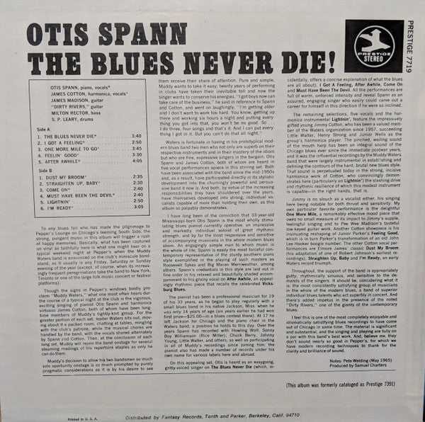 Otis Spann - The Blues Never Die! (Vinyl, LP, Album, Reissue, Stereo) Very Good (VG) / Good Plus (G+)