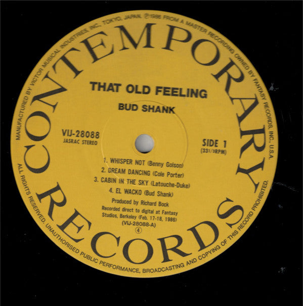 Bud Shank Quartet - That Old Feeling (Vinyl, LP) Very Good Plus (VG+) / Near Mint (NM or M-)