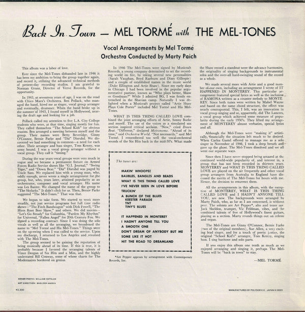 Mel Tormé - Back In Town (Vinyl, LP, Album, Reissue) Very Good Plus (VG+) / Very Good Plus (VG+)