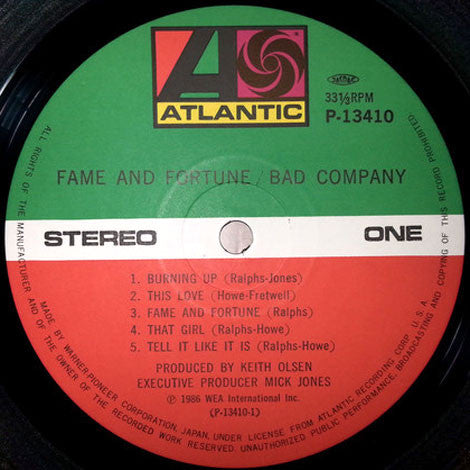 Bad Company (3) - Fame And Fortune (Vinyl, LP, Album) Near Mint (NM or M-) / Very Good Plus (VG+)