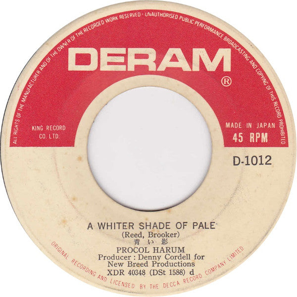 Procol Harum - A Whiter Shade Of Pale / Lime Street Blues (Vinyl, 7", Single, 45 RPM) Very Good Plus (VG+) / Good Plus (G+)