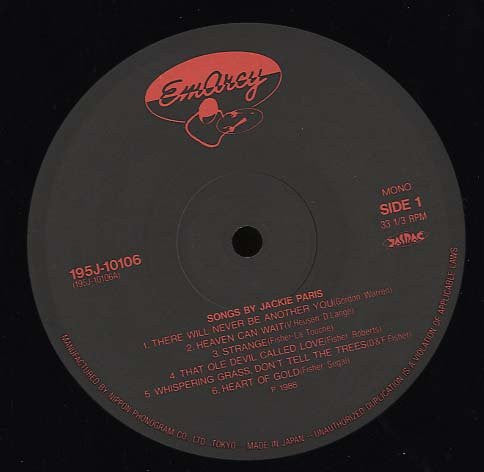 Jackie Paris - Songs By Jackie Paris (Vinyl, LP, Reissue, Mono) Very Good (VG) / Very Good Plus (VG+)