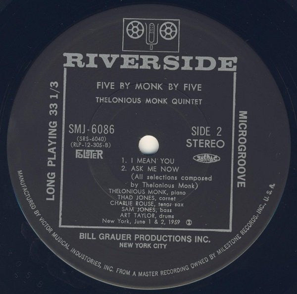The Thelonious Monk Quintet - 5 By Monk By 5 (Vinyl, LP, Album, Reissue, Stereo) Very Good (VG) / Good Plus (G+)