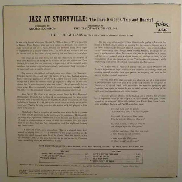 The Dave Brubeck Quartet - Jazz At Storyville (Vinyl, LP, Album, Mono, Reissue) Near Mint (NM or M-) / Very Good (VG)