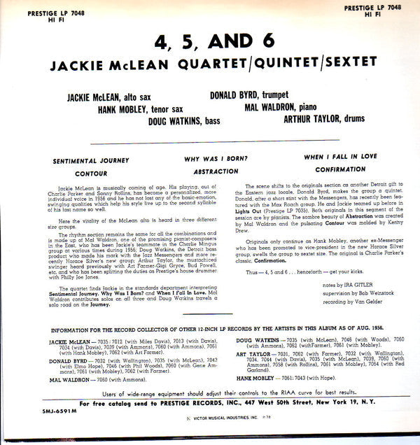 Jackie McLean - 4, 5 And 6 (Vinyl, LP, Album, Reissue, Mono) Very Good Plus (VG+) / Very Good (VG)