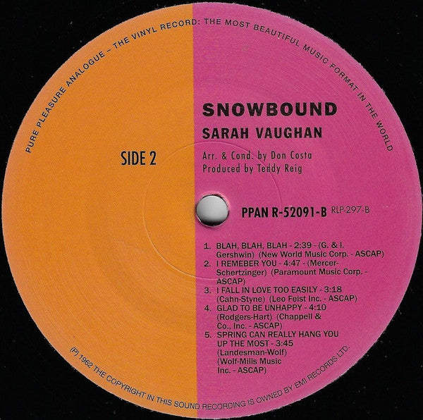 Sarah Vaughan - Snowbound (Vinyl, LP, Album, Limited Edition, Reissue, Remastered, Mono) Very Good Plus (VG+) / Very Good Plus (VG+)