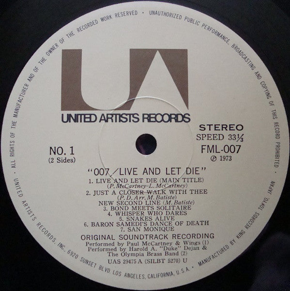 Various - 007/Live And Let Die (Original Motion Picture Soundtrack) (Vinyl, LP, Album) Very Good (VG) / Good Plus (G+)