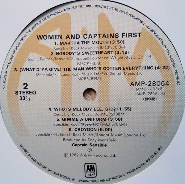 Captain Sensible - Women And Captains First (Vinyl, LP, Album, Stereo) Very Good Plus (VG+) / Very Good Plus (VG+)