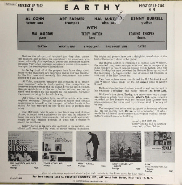 The Prestige All Stars - Earthy (Vinyl, LP, Album, Reissue, Mono) Near Mint (NM or M-) / Very Good Plus (VG+)