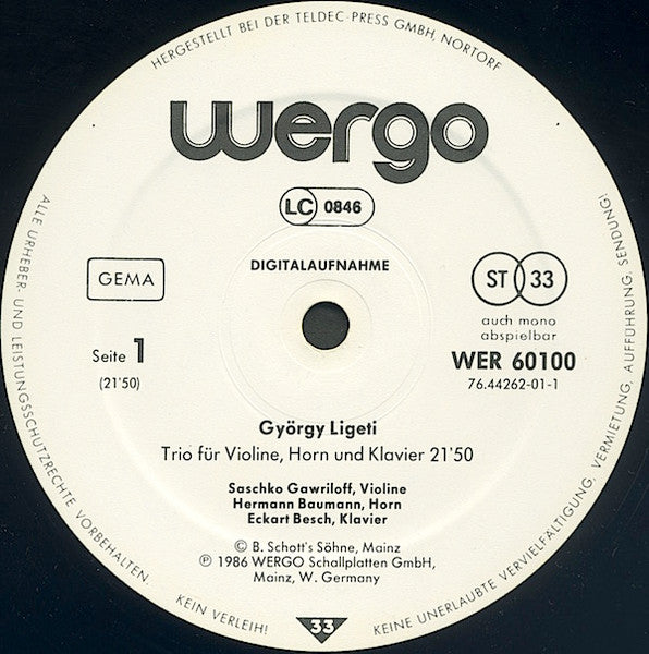 György Ligeti - Trio Für Violine, Horn Und Klavier - Passacaglia Ungherese / Hungarian Rock / Continuum - Monument · Selbstportrait · Bewegung (Vinyl, LP) Very Good Plus (VG+) / Very Good (VG)